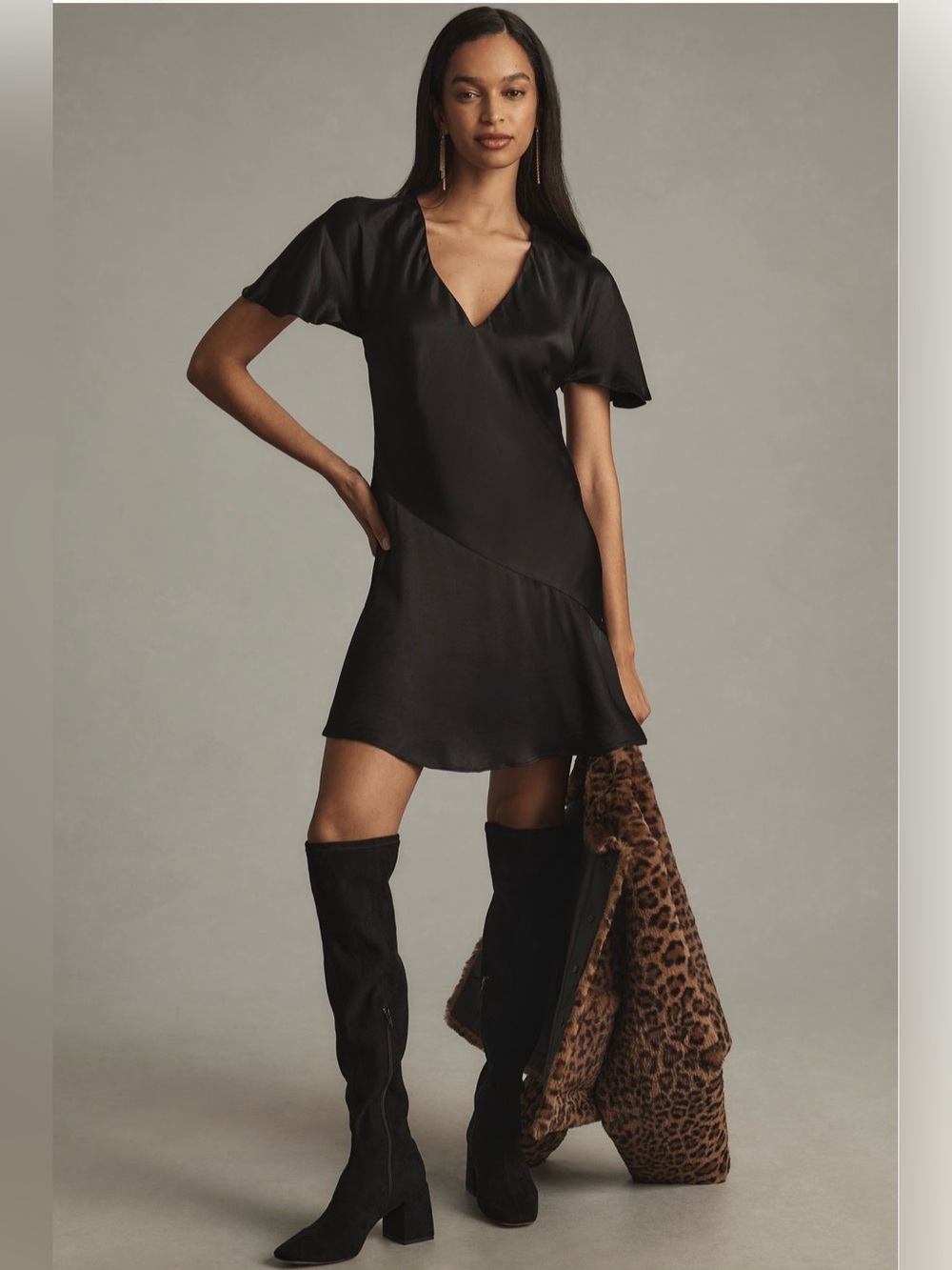 Anthropologie Satin V-Neck Flutter Sleeve Dress